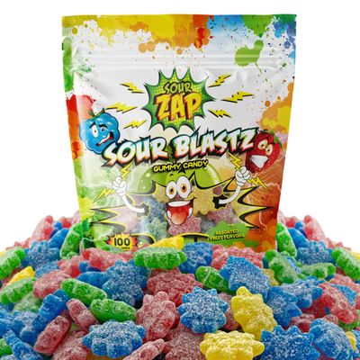 Sour Gummy Candy 8-Ounce Pack Blastz Star Gummies Assorted Fruit Flavors Kids&#39; Party Favors Blue Raspberry, Tutti-Frutti, Green Apple, Strawberry