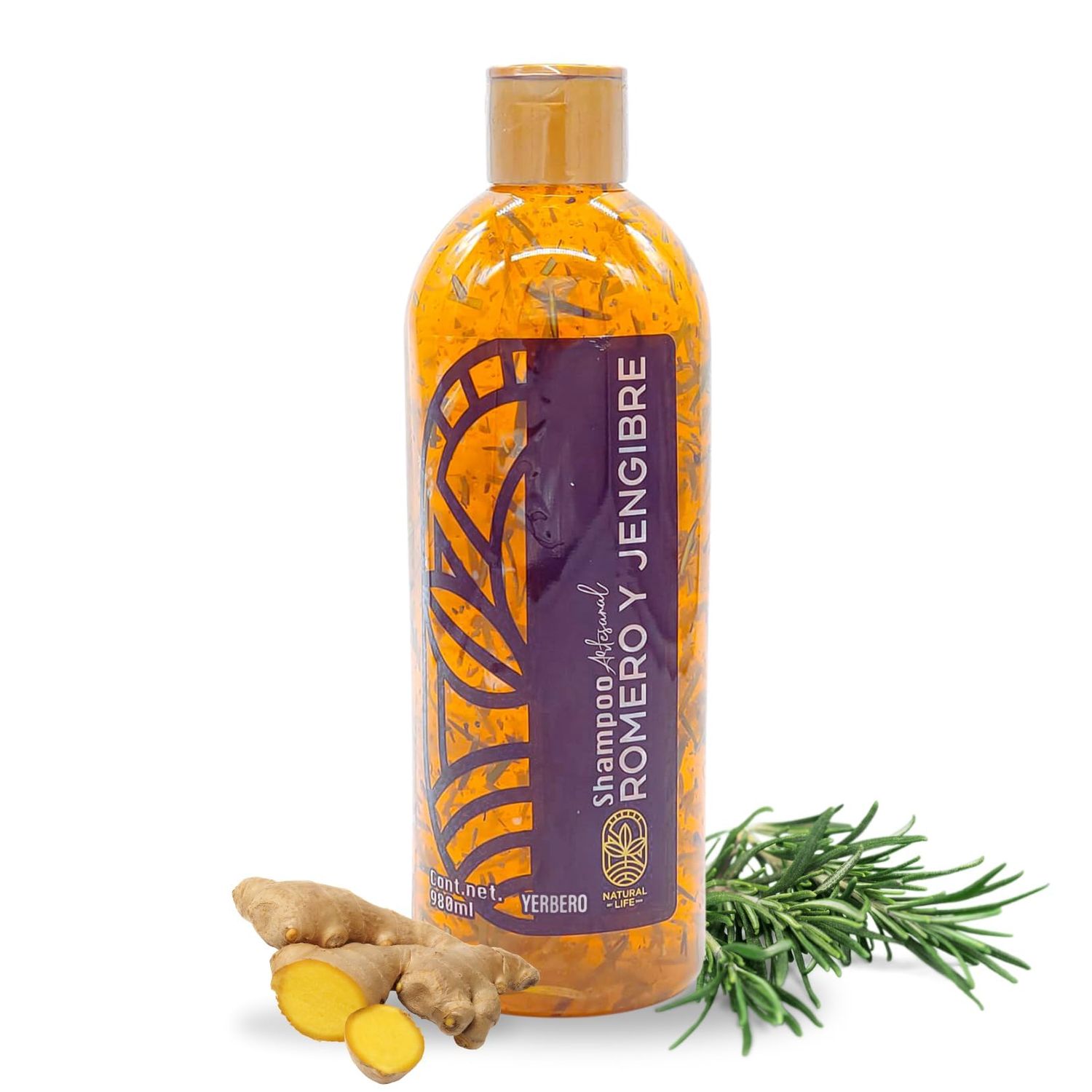 Yerbero - Ginger Rosemary All Natural Shampoo 980ml (33.1 Fl Oz) 100 Natural, Fast Growth, Stop Hair Loss Crecimiento Rpido Romero y Jengibre Herbal Artisan Made With Bits of Rosemary Ginger