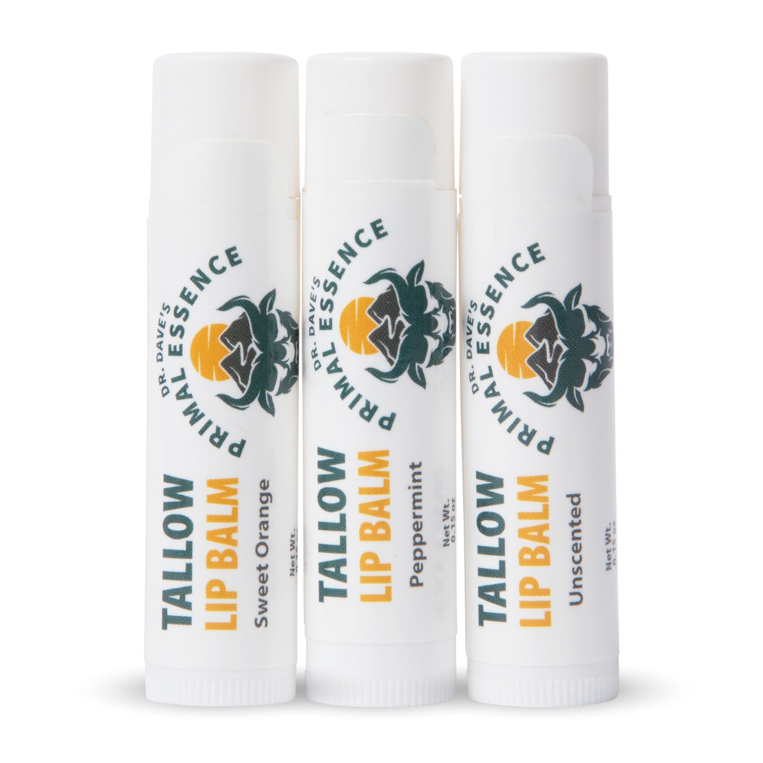 Dr. Dave&#39;s Primal Essence Moisturizing Tallow Lip Balm - Grass-Fed Beef Tallow with Organic Coconut Oil, Beeswax and Vitamin E - Variety Pack, 3-Pack