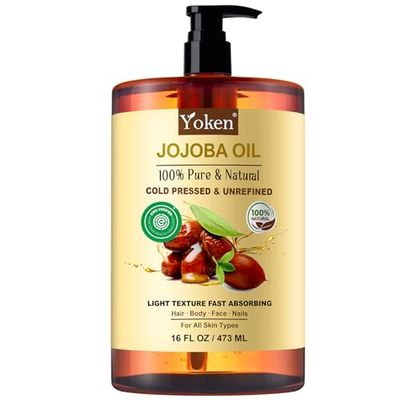 Yoken Pure Jojoba Oil EWG Verified 16 fl oz, 100 Natural Jojoba Oil for Hair, Skin Face, Cold Pressed Unrefined, Deeply Moisturizing Body oil Carrier Oils for Essential Oils Mixing