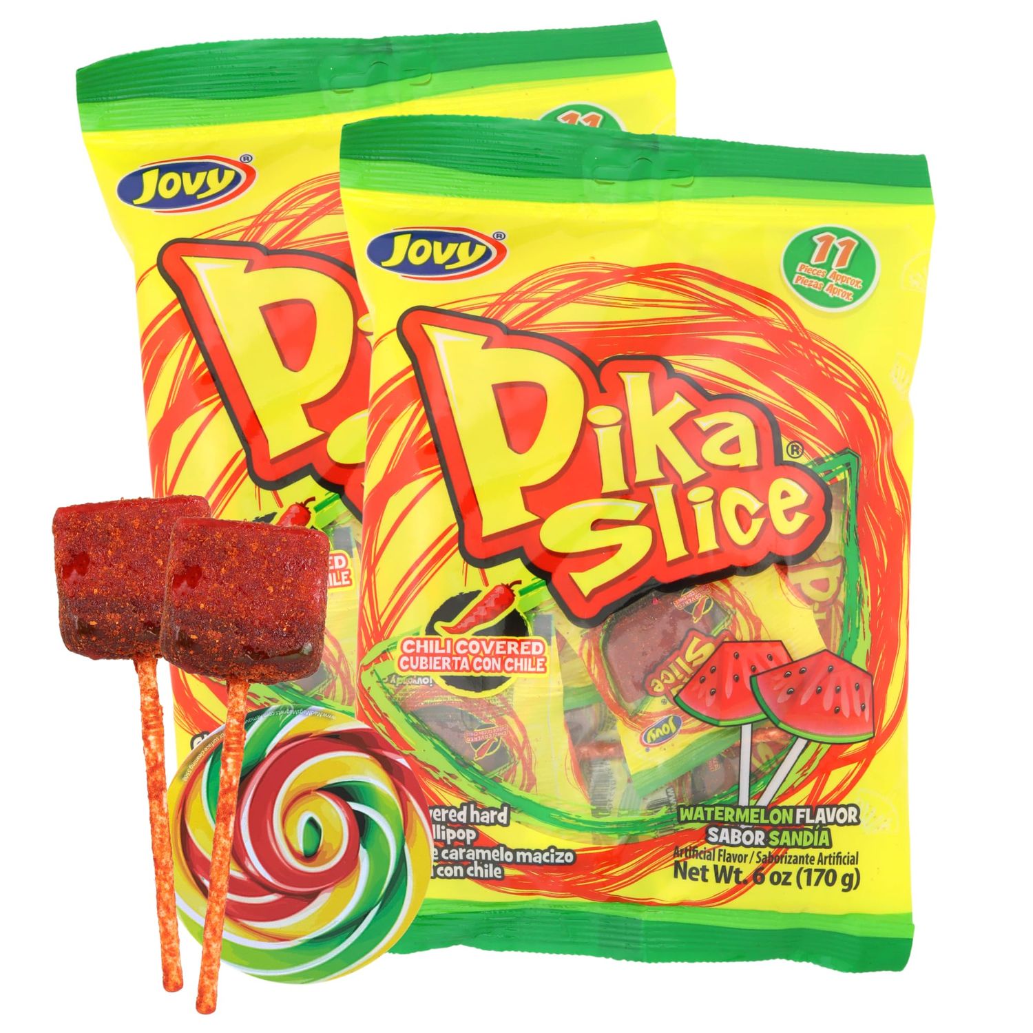 Watermelon Chili Lollipops, Individually Wrapped Mexican Suckers, Pinata Candy and Party Favors, Swirl Sticker Included, 6 Ounce Bags, (Pack of 2)