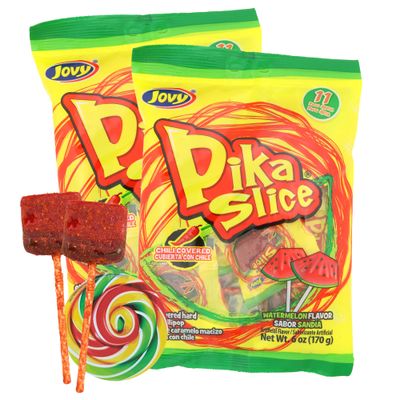 Watermelon Chili Lollipops, Individually Wrapped Mexican Suckers, Pinata Candy and Party Favors, Swirl Sticker Included, 6 Ounce Bags, (Pack of 2)
