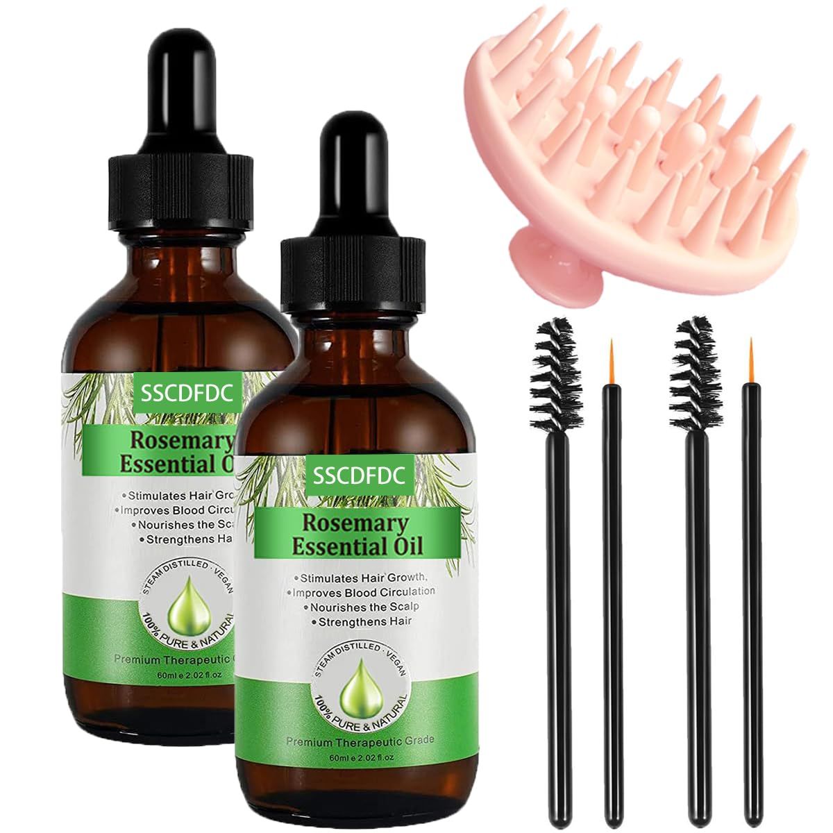 2 Pack Rosemary Essential Oil for Hair Growth, Lash Brow Enhancement, Skin Care, Reducing Hair Loss, and Treatment for Split Ends Dry Scalp - with Scalp Massager