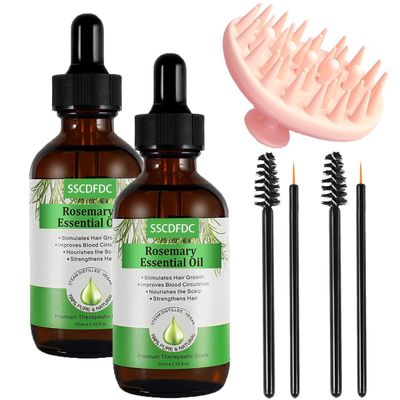 2 Pack Rosemary Essential Oil for Hair Growth, Lash Brow Enhancement, Skin Care, Reducing Hair Loss, and Treatment for Split Ends Dry Scalp - with Scalp Massager