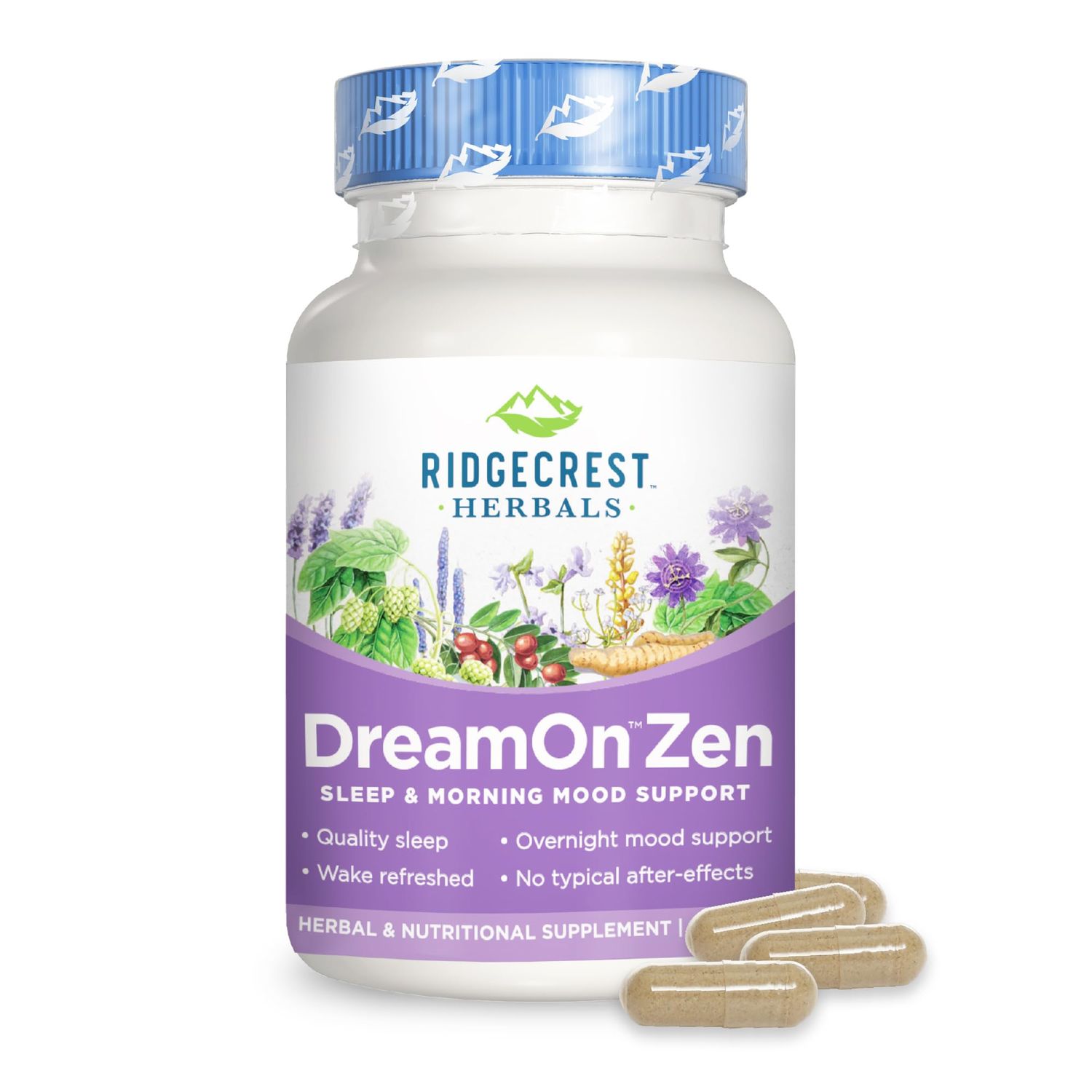Ridgecrest Herbals DreamOn Zen, Sleep Support Supplement, Melatonin Free, Magnesium, 5-HTP, Lavender, Chamomile, Valerian, Lemon Balm for Adults and Children 12 (60 Caps, 30 Serv)
