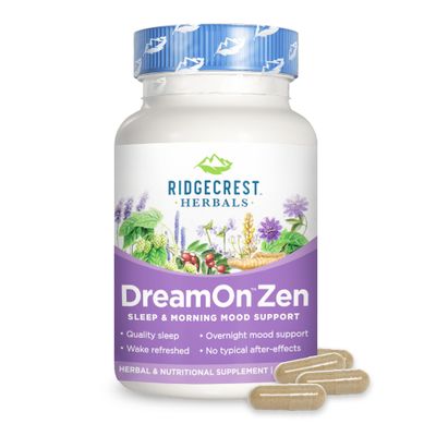 Ridgecrest Herbals DreamOn Zen, Sleep Support Supplement, Melatonin Free, Magnesium, 5-HTP, Lavender, Chamomile, Valerian, Lemon Balm for Adults and Children 12 (60 Caps, 30 Serv)