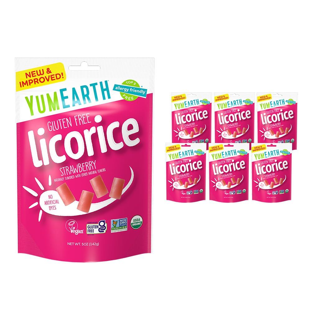 YumEarth Organic Gluten Free Strawberry Licorice Snack Packs - Allergy Friendly, Gluten Free, Non-GMO, Vegan, No Artificial Flavors or Dyes - 5 Ounce (Pack of 6)