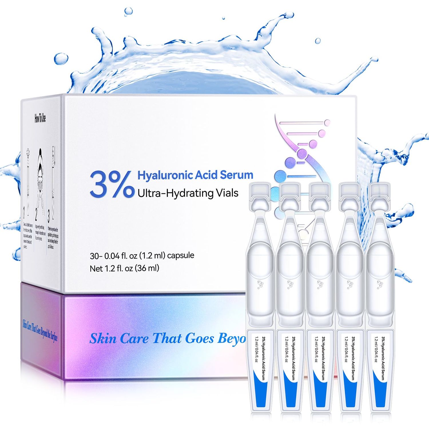 Hyaluronic Acid for Skin Repair, Portable Single-Use Vials, 3 Ultra-Hydrating Serum Anti-Aging Serum for Facial Sensitive Skin (1.2 ml) 30 bottles