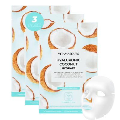 Vitamasques Biodegradable Coconut Face Mask, Hydrating Hyaluronic Acid, for All Skin Types (Pack of 3)