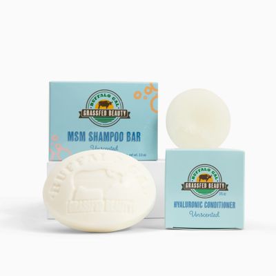 Buffalo Gal Grassfed Beauty - MSM Shampoo Bar Hyaluronic Hair Conditioner Bar, Solid Bar Shampoo and Conditioner for Hair Growth, Non-Soap, For All Hair Types, Unscented, Set of 2
