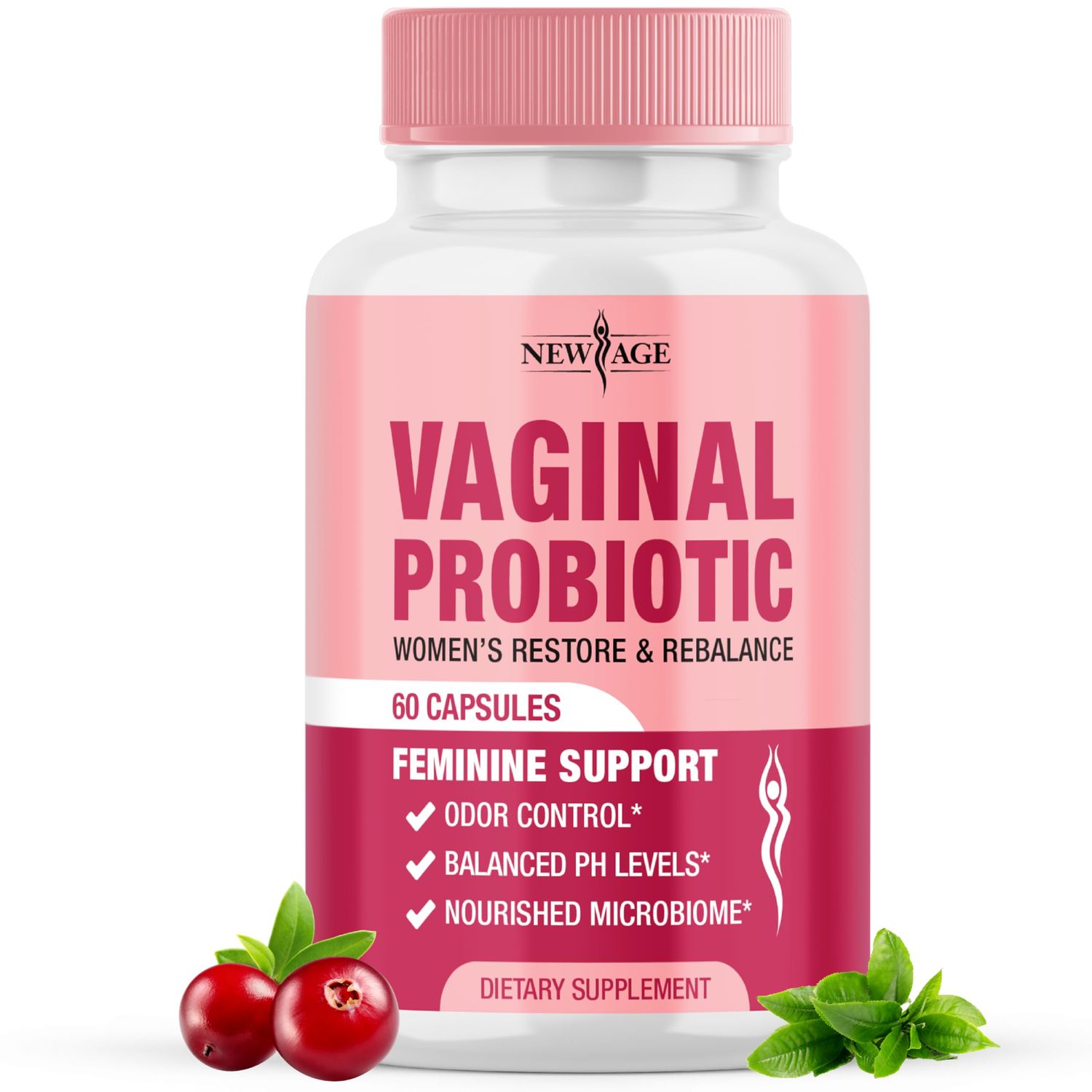 NEW AGE Vaginal Probiotics for Women with Prebiotics, Cranberry Extract, and a Lactobacillus Probiotic Blend, Supports Healthy pH Balance, Odor Control, Vaginal Flora - 60 Capsules