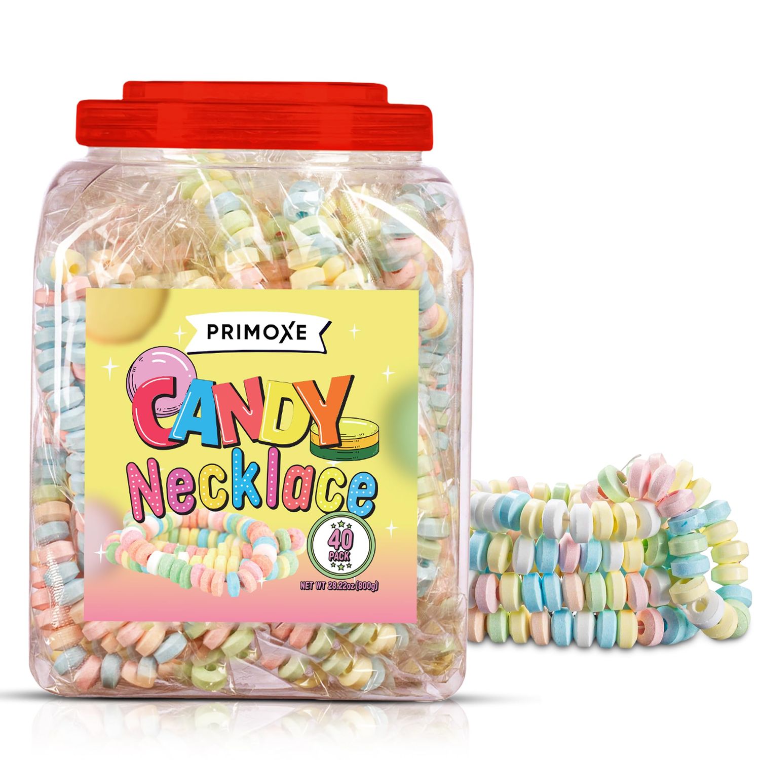 Candy Necklaces Individually Wrapped - 40 Pack Bulk Candy (28.22oz 800g) - Edible Jewelry for Kids, Party Favors, 80s Nostalgic Treats, Pinata Fillers, Goodie Bags, Retro Events Halloween Birthday