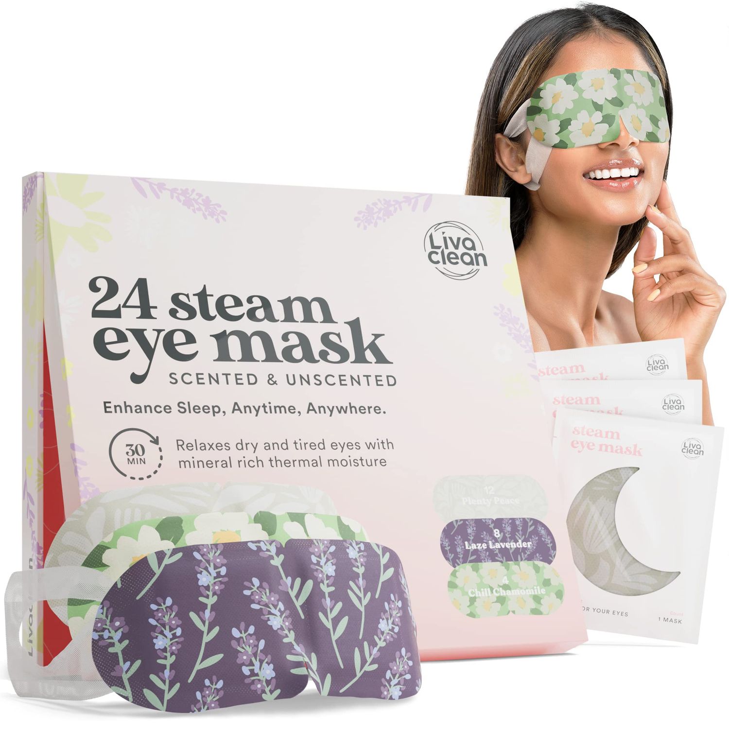 LivaClean 24 Steam Eye Mask for Dry Eyes, Dark Circles Puffiness, Warm Self Heating, Ear Hooks to Stay On, Lavendar, Chamile Unscented, Disposable