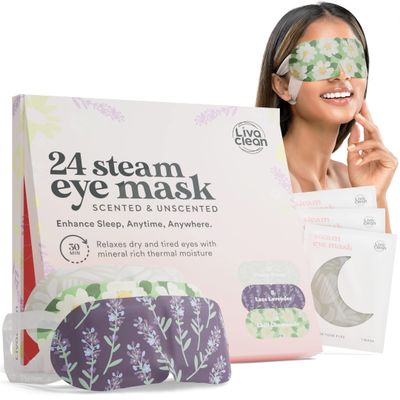 LivaClean 24 Steam Eye Mask for Dry Eyes, Dark Circles Puffiness, Warm Self Heating, Ear Hooks to Stay On, Lavendar, Chamile Unscented, Disposable