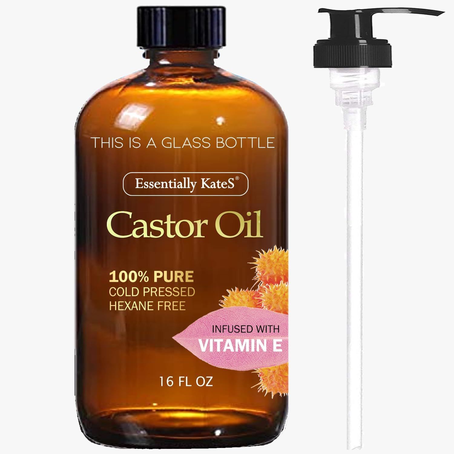 Essentially KateS Castor Oil 16 Fl Oz (Glass Bottle) - Vitamin E - A Huge Glass Bottle with a Pump - 100 Pure and Natural, Cold Pressed, and Hexane-Free - Hair Oil, Body Oil