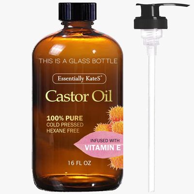 Essentially KateS Castor Oil 16 Fl Oz (Glass Bottle) - Vitamin E - A Huge Glass Bottle with a Pump - 100 Pure and Natural, Cold Pressed, and Hexane-Free - Hair Oil, Body Oil