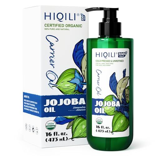 HIQILI 473ML Jojoba Oil Organic for Hair Growth, Skin, Face, Nails, 100 Pure Cold Pressed, Carrier Oil for Essential Oils Mixing, Included Roller Bottle - 16 Fl Oz