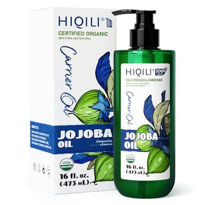 HIQILI 473ML Jojoba Oil Organic for Hair Growth, Skin, Face, Nails, 100 Pure Cold Pressed, Carrier Oil for Essential Oils Mixing, Included Roller Bottle - 16 Fl Oz