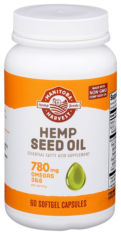 Manitoba Harvest Hemp Seed Oil Softgels, 2,475mg of Plant Based Omegas 3,6 9 per serving including GLA, Fish Oil Alternative, 60 Count (Pack of 1) Packaging May Vary