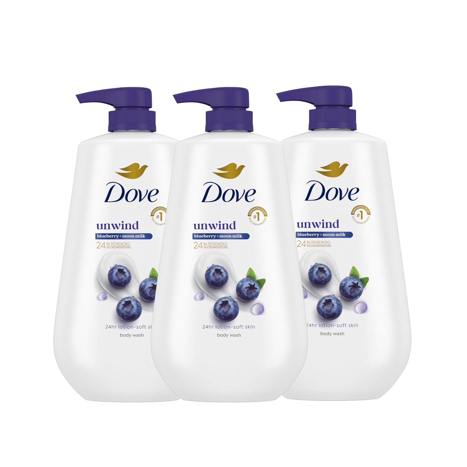 Dove Body Wash 3 Count Unwind Blueberry Moon Milk For 24hr Lotion-Soft Skin Moisturizing Skin Cleanser with No Sulfates No Parabens