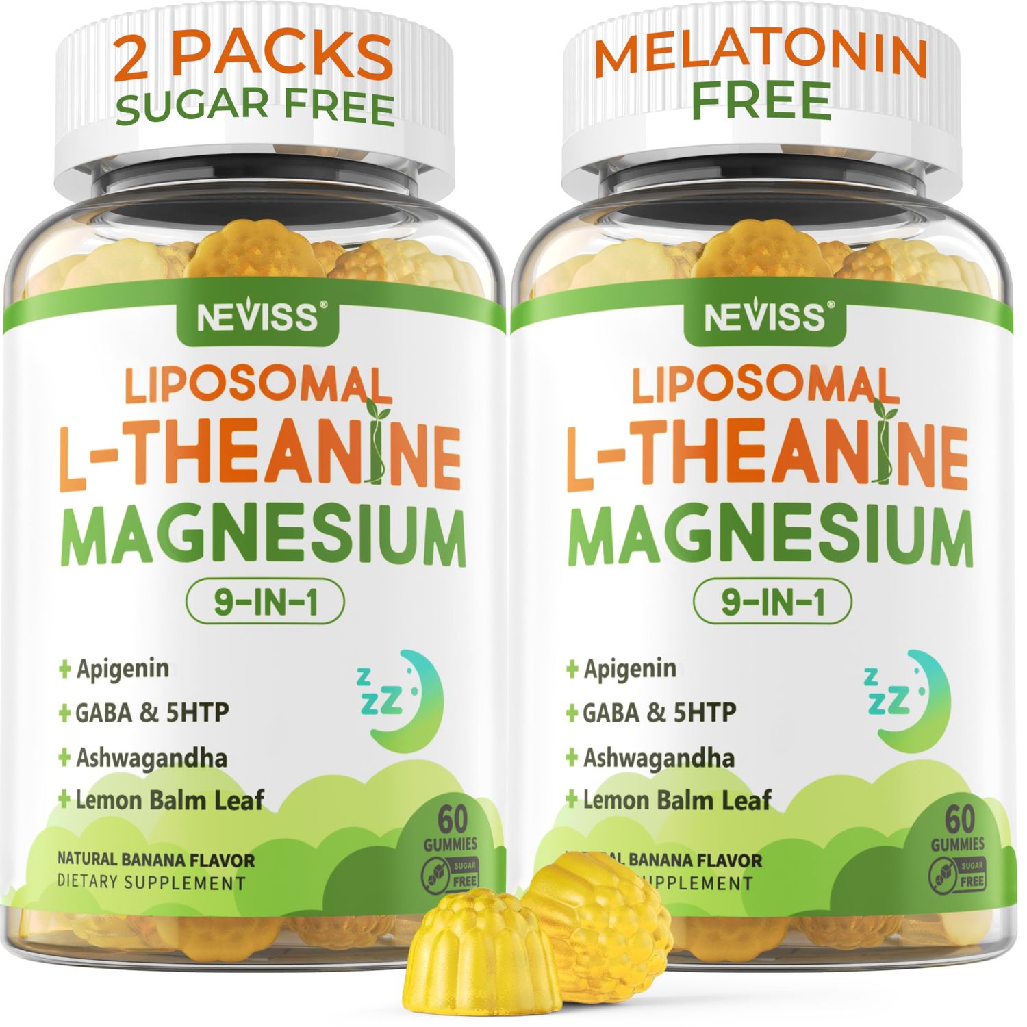 Liposomal L-Theanine 200mg Magnesium Glycinate 400mg Gummies with GABA, 5HTP, Apigenin, Vitamin B6 D3, Ashwagandha, Lemon Balm Leaf, Melatonin Free Sleep Chewable for Relax Mood Muscle, 2 Packs