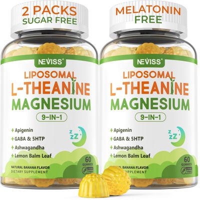 Liposomal L-Theanine 200mg Magnesium Glycinate 400mg Gummies with GABA, 5HTP, Apigenin, Vitamin B6 D3, Ashwagandha, Lemon Balm Leaf, Melatonin Free Sleep Chewable for Relax Mood Muscle, 2 Packs