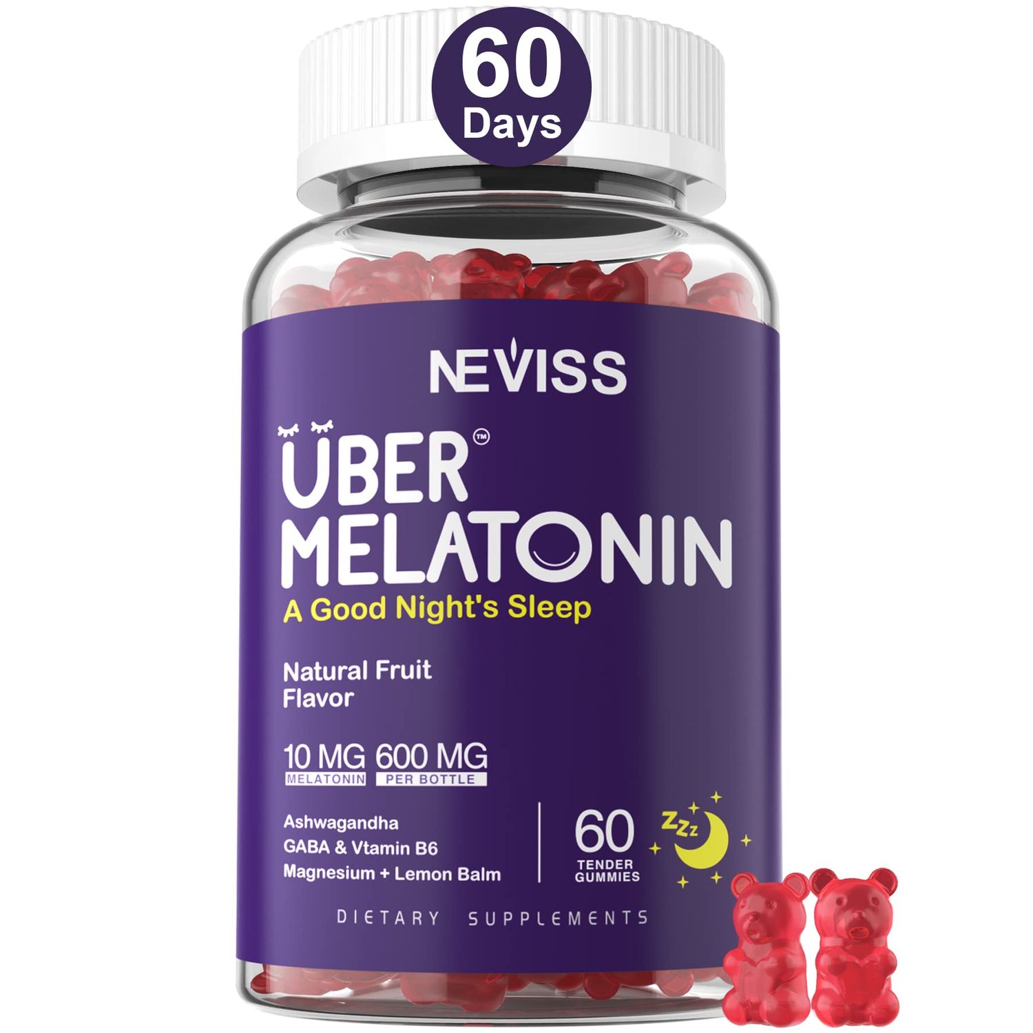 Melatonin Gummies 10mg 20mg for Adults, Melatonin 10 mg per Gummy with Ashwagandha, Magnesium Glycinate, GABA, L-theanine, Valerian Root and Lemon Balm, Rest Support Supplement, Grape Flavor, 60 Cts