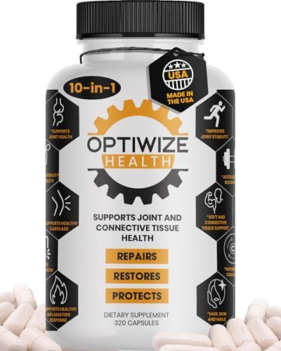 OptiWize 10-in-1 Joint Support- Hydrolyzed Collagen, MSM, Hyaluronic Acid, Glucosamine, Chondroitin More - Targets Joint Discomfort, Improves Mobility Flexibility- 320 Caps for Men Women