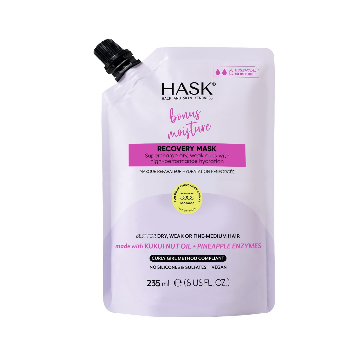 HASK Bonus Moisture Recovery Mask with Kukui Nut Oil Pineapple Enzymes for Wavy, Curly, Coily Kinky Hair, Hydrates, Softens, Prevents Damage, Vegan, Sulfate-Free, Cruelty-Free - 8 fl oz