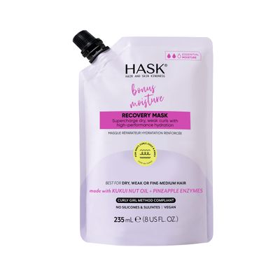 HASK Bonus Moisture Recovery Mask with Kukui Nut Oil Pineapple Enzymes for Wavy, Curly, Coily Kinky Hair, Hydrates, Softens, Prevents Damage, Vegan, Sulfate-Free, Cruelty-Free - 8 fl oz
