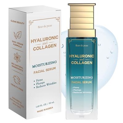 Fleur De Peau Hyaluronic Acid Serum For Face with Collagen - Dermatologist Tested, Anti-Aging, Ultra Hydrating, Firming, Smoothing Korean Skin Care - 95 Natural, Clean Beauty, Vegan - 1.69 FL. Oz