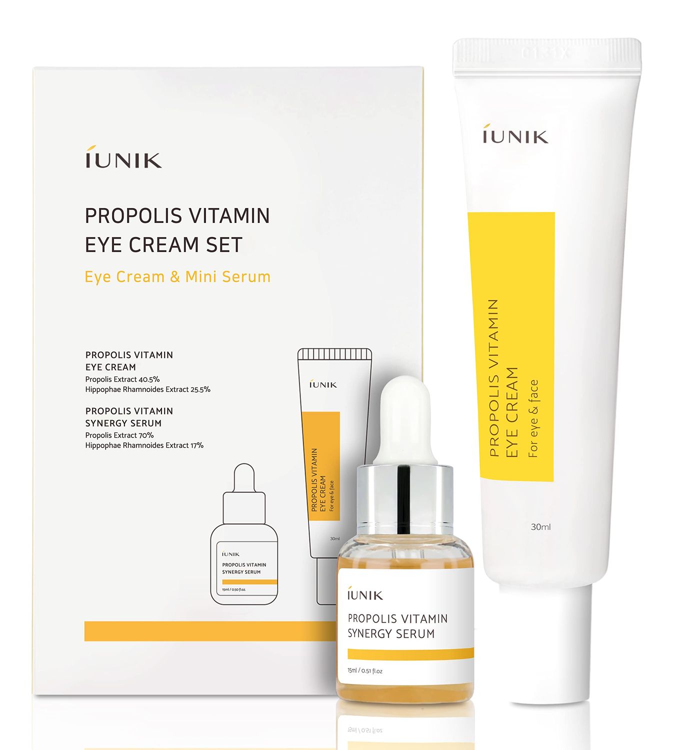 iUNIK Propolis Vitamin Eye Cream Set (Eye Cream 1.01 fl.oz. Mini Serum 0.51 fl.oz.) - Featuring Propolis Extract, Idebenone, Buckthorn