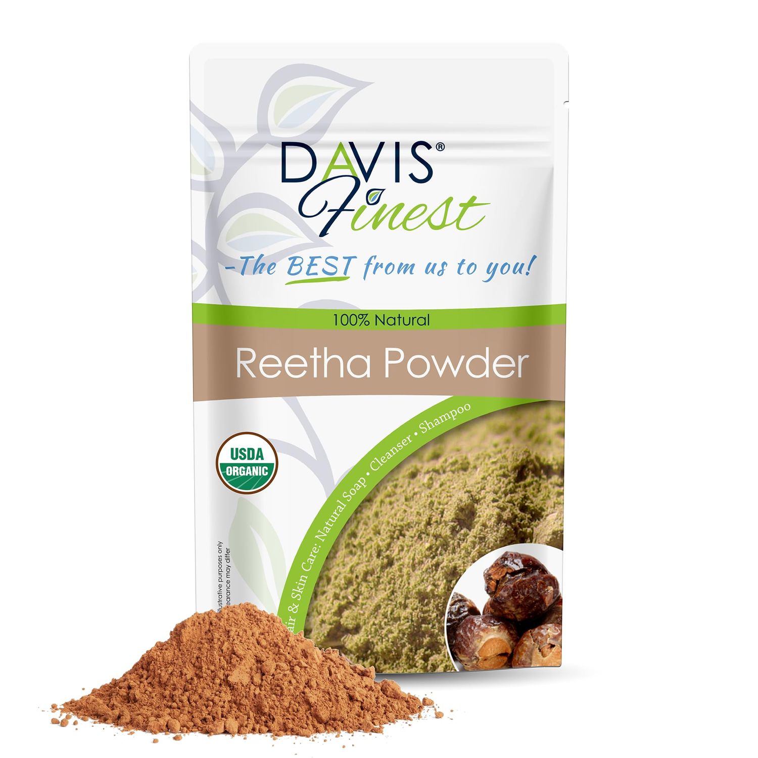 Davis Finest Organic Reetha Aritha Soap Nuts Powder 250g, Ayurvedic, SLS-Free Soap Shampoo, Deep Cleansing, Dry Itchy Scalp