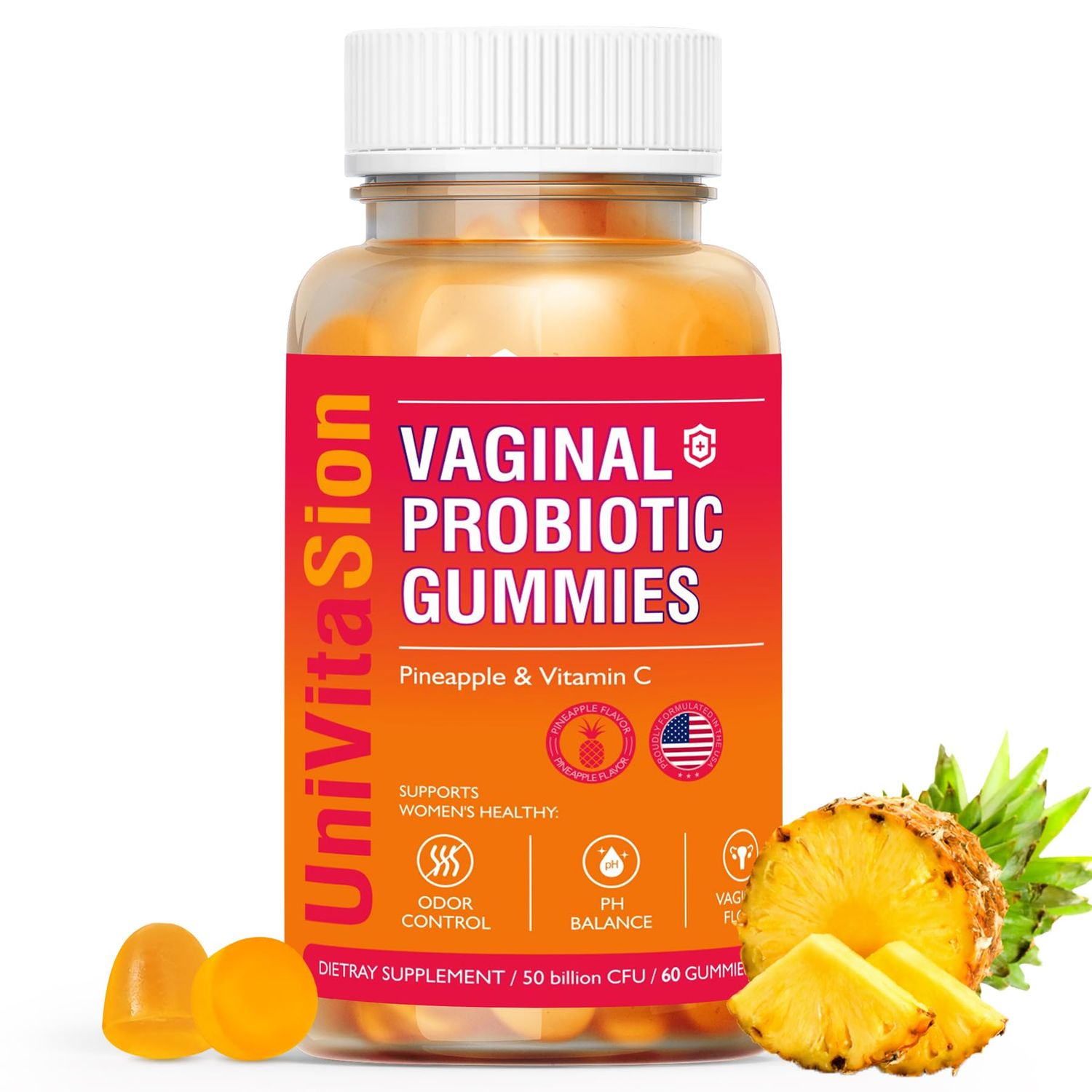 UniVitaSion Vaginal Probiotics Gummies for Women, 50 Billion CFUs - PH Balance, Vaginal odor, Vaginal Flora, Yeast Infection Treatment for Women, Vitamin C for Immune health, Hawaiian Pineapple Flavor