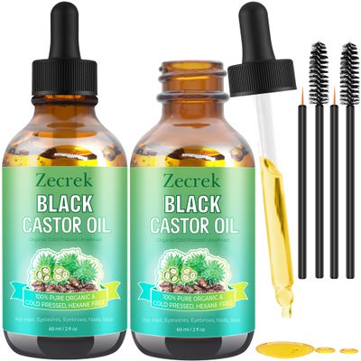 ZecRek 2 Bottles(4fl.oz) Jamaican Organic Black Castor Oil,100 Pure Cold Pressed Castor Oil for Hair,Skin,Body,Face,Nail,Thicker Eyelash Growth Serum to Grow Lashes,Hexane Free Unrefined Glass Bottle