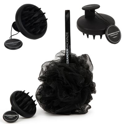 I AM 2-Pack Large Loofah Exfoliating Sponge Soft Scalp Massager Brush For Hair Growth Ultimate Beauty Hair and Body Care Set: Premium Body Loofa Sponge, Premium Self-Care Scalp Massager (Coal)