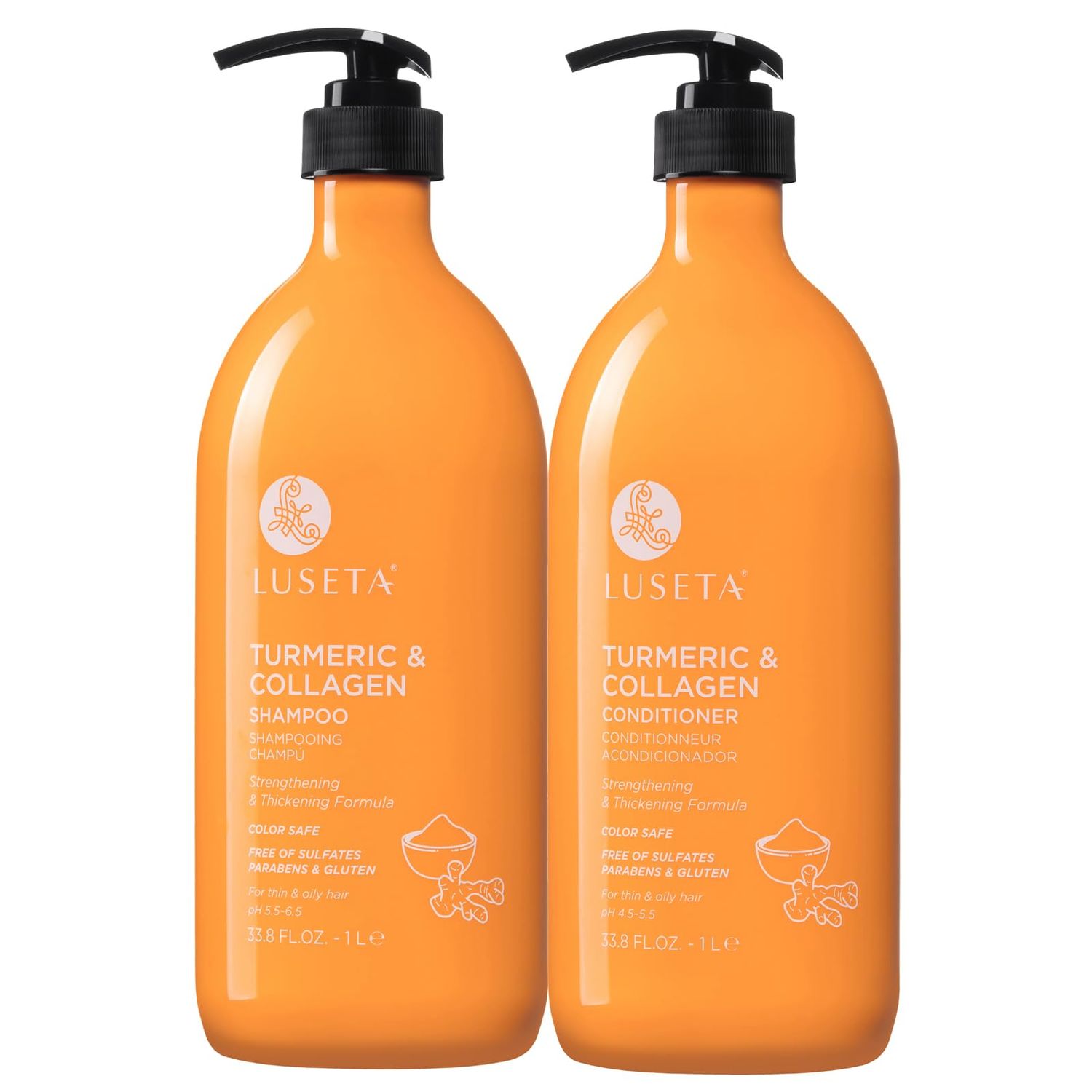 Luseta Shampoo and Conditioner Set with Turmeric Collagen, Hair Volumizing Shampoo for Thin or Oil Hair, Sulfate and Parabens Free 2x33.8Oz