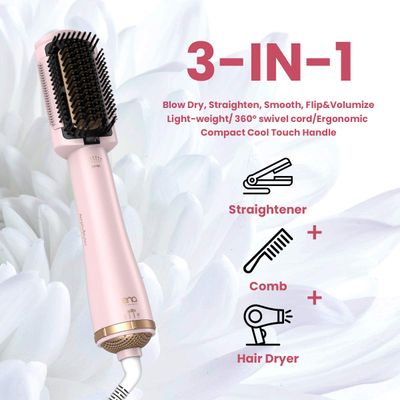 LENA Hair Straightener Brush Dryer PRO Blow Dryer Hot Air Brush - Anti-Scald Straightening Iron Comb Styler with Extra Ion Care, Far Infrared Heating and 3 Modes for Long Medium Length Hair, Pink