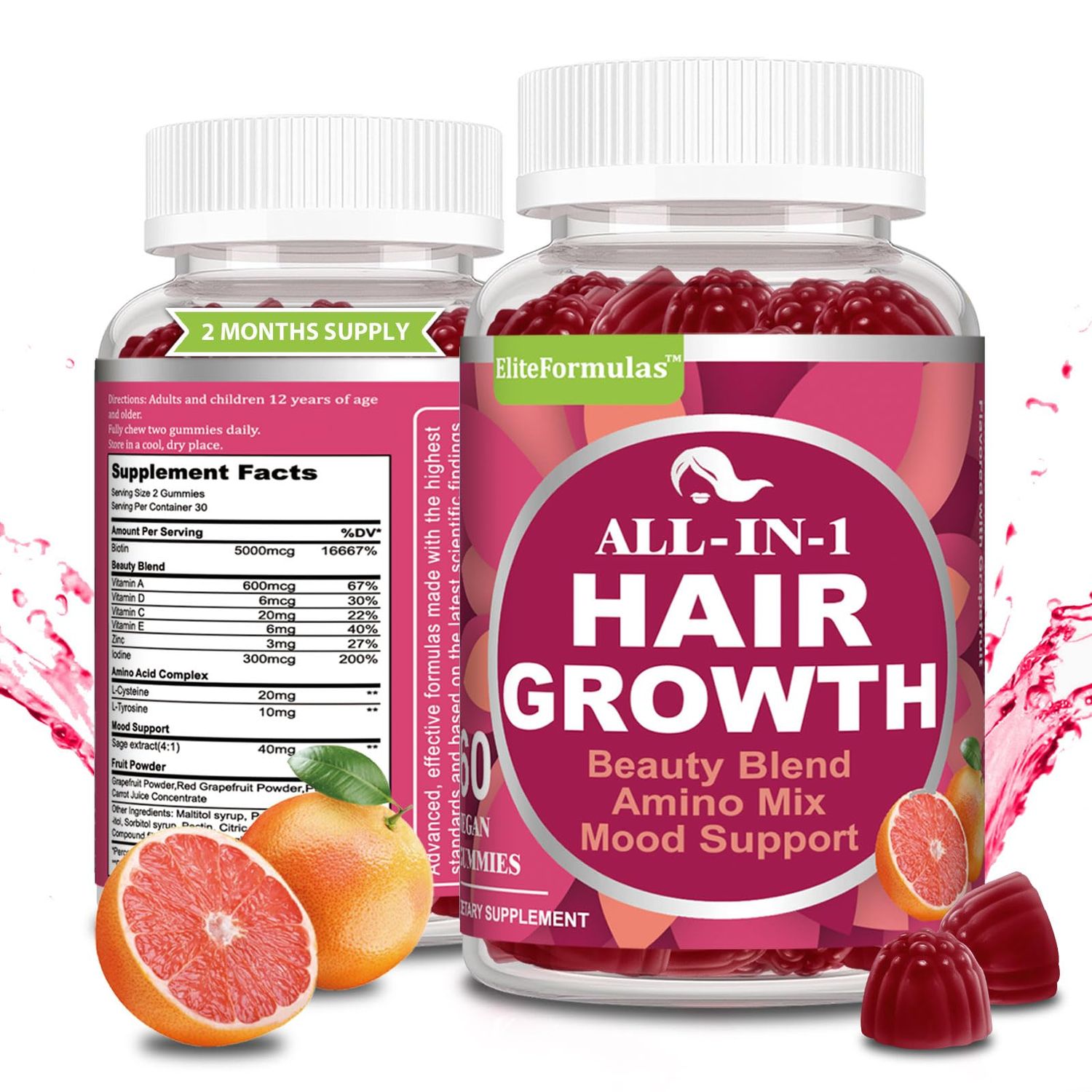 EliteFormulas Hair Growth Vegan Gummies 120 Counts Clinically Proven For Thicker Fuller Hair Multivitamins Minerals Amino Acids Complex Sage Extracts All-in-1 Hair Care Solution,2 Month Supply