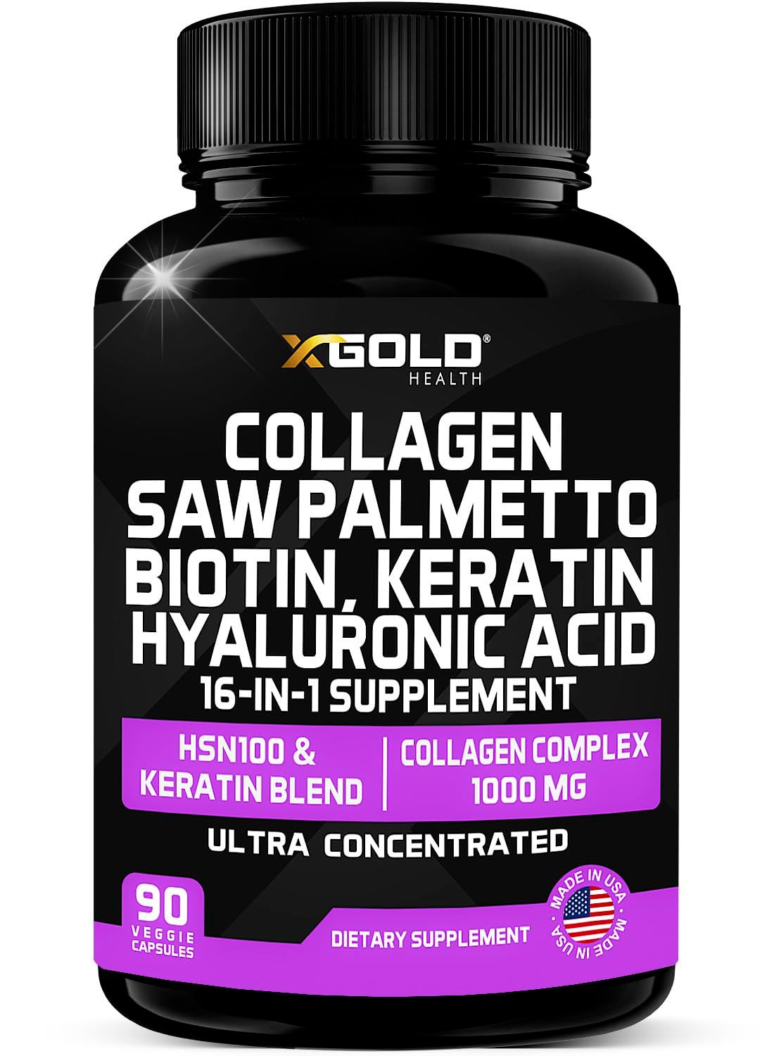 HSN100 - Collagen, Saw Palmetto, Biotin, Keratin Hyaluronic Acid - 16-in-1 Beauty Supplement with Vitamin C E, Collagen Complex Keratin Blend - Hair, Skin Nail Growth - 90 Capsules