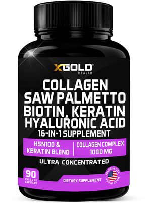 HSN100 - Collagen, Saw Palmetto, Biotin, Keratin Hyaluronic Acid - 16-in-1 Beauty Supplement with Vitamin C E, Collagen Complex Keratin Blend - Hair, Skin Nail Growth - 90 Capsules