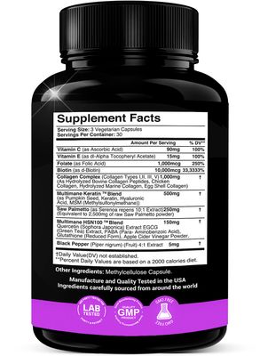 HSN100 - Collagen, Saw Palmetto, Biotin, Keratin Hyaluronic Acid - 16-in-1 Beauty Supplement with Vitamin C E, Collagen Complex Keratin Blend - Hair, Skin Nail Growth - 90 Capsules