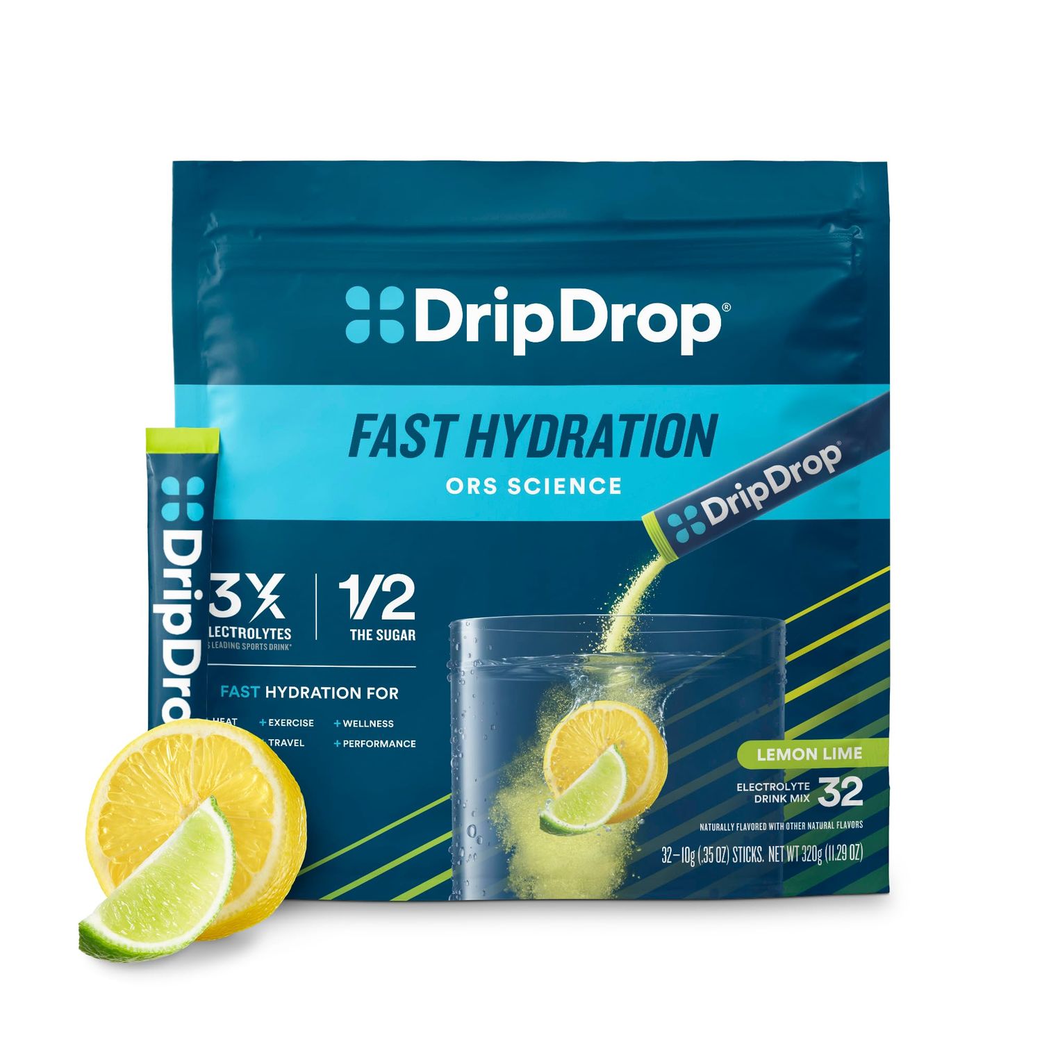 DripDrop Hydration Packets - Lemon Lime - Single Serve Electrolytes Powder Drink Mix - Non-GMO, Gluten Free, Vegan - 32 Sticks