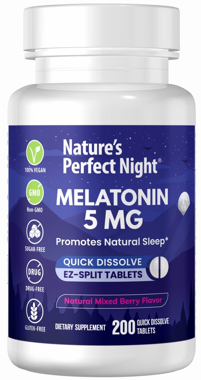 Nature&#39;s Perfect Night Melatonin 5mg 200 Quick Dissolve Tablets Natural Mixed Berry Flavor Preferred Potency Sugar Free Vegan Gluten Free Value Size