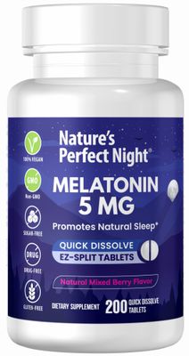 Nature&#39;s Perfect Night Melatonin 5mg 200 Quick Dissolve Tablets Natural Mixed Berry Flavor Preferred Potency Sugar Free Vegan Gluten Free Value Size