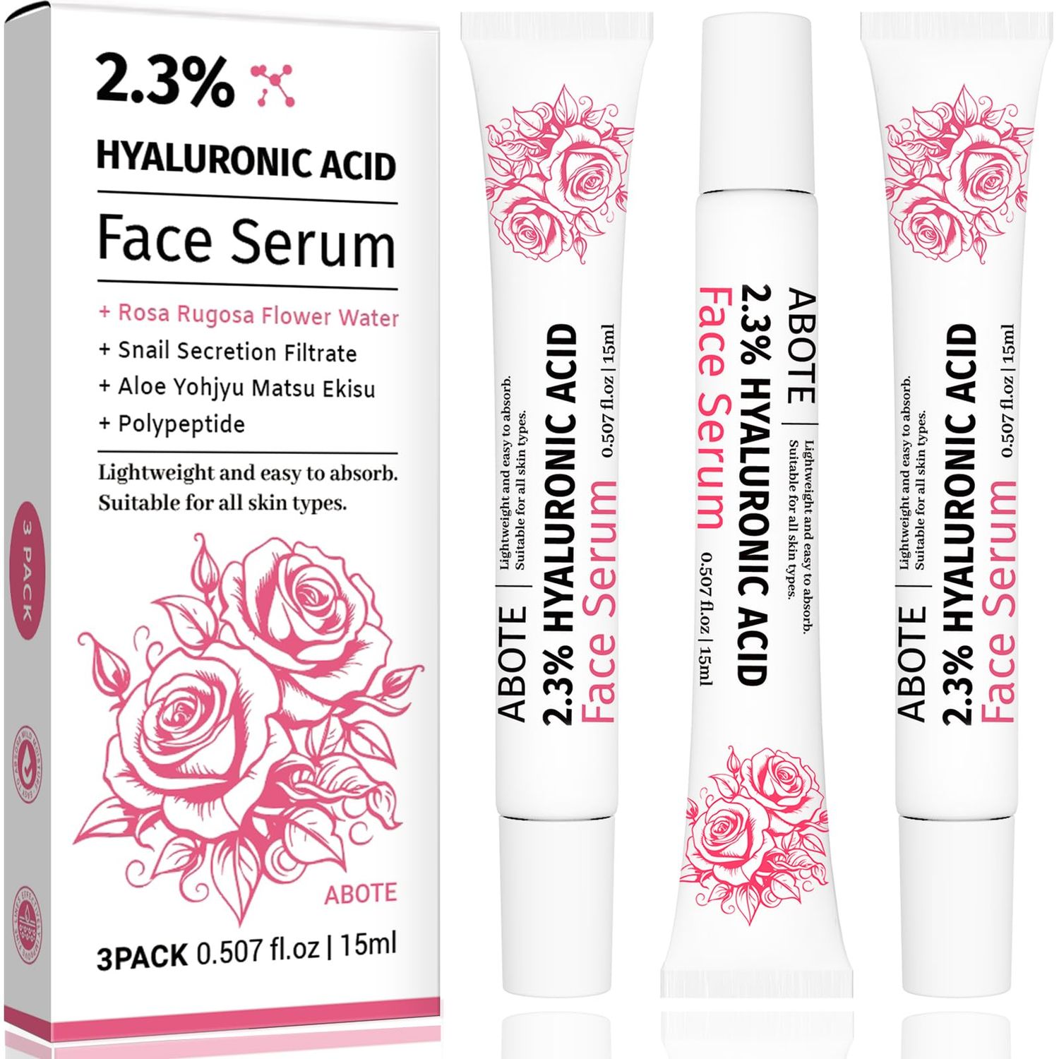 ABOTE 2.3 Hyaluronic Acid Serum for Face with 5 Rosa Rugosa Flower Water Deep Moisturizing Anti-Wrinkle (3Pack-Each 0.507 fl.oz 15ml)