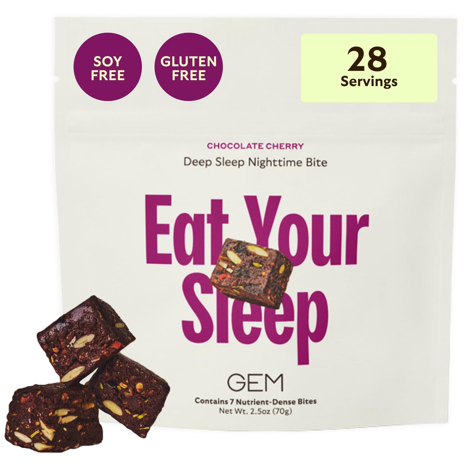 GEM Natural Deep Sleep Aid Nighttime Bite Melatonin Free, Non-Habit Forming L-Theanine, Magnesium, Valerian Root Extract Gluten Free, Soy Free Earthy Herbal Chocolate Cherry 28 Servings
