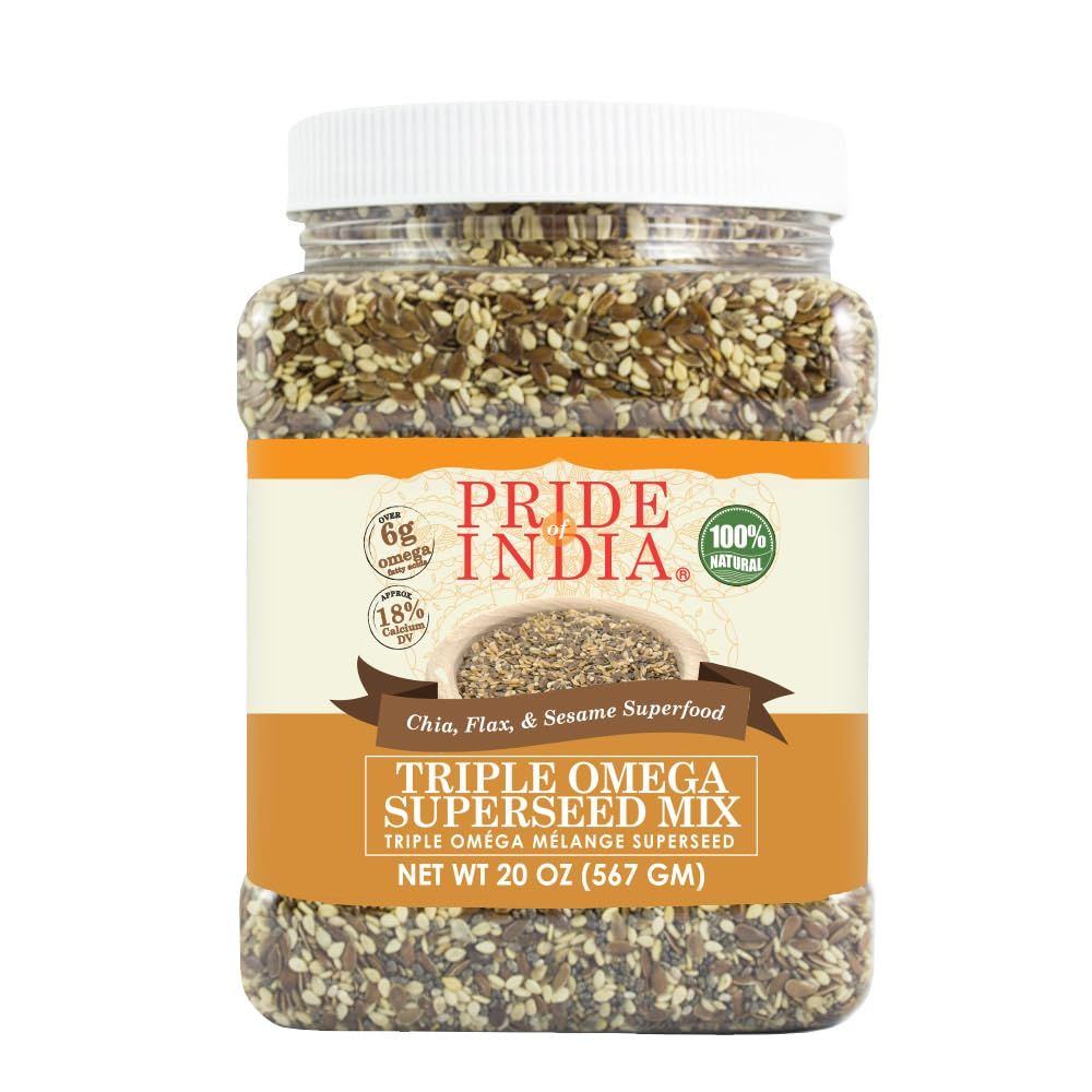 Pride Of India - Triple Omega Superseed Mix - Protein, Fiber, Calcium, Iron, Omega-3, Omega-6, Thiamin Rich Superfood wChia Flax Sesame Seeds, 1.25 Pound (20oz) Jar