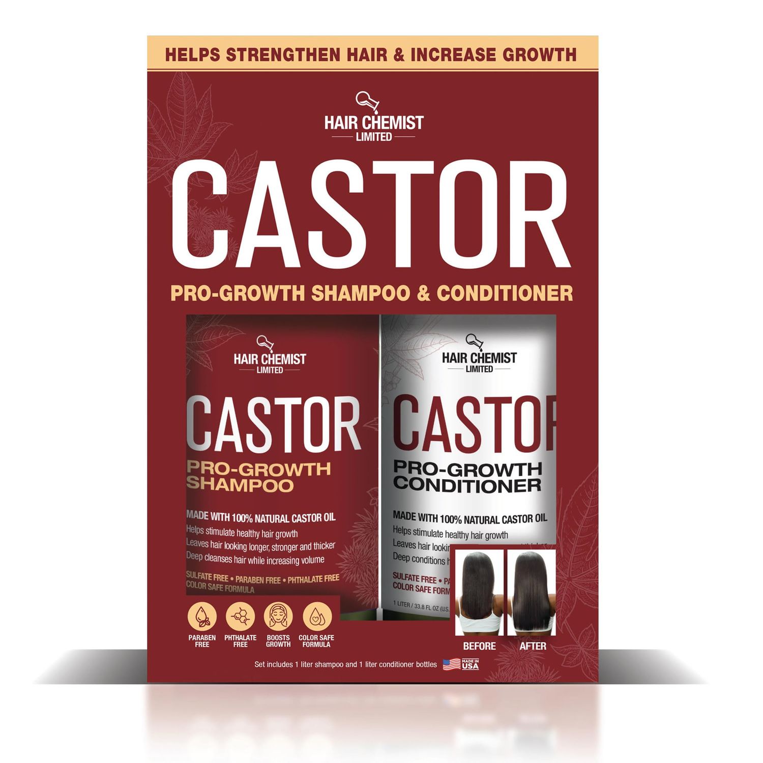 Hair Chemist Castor Pro-Growth Shampoo 33.8 oz. AND Conditioner 33.8 oz. 2-PC Boxed Gift Set - Made with Natural Castor Oil for Hair Growth, Sulfate Free Shampoo Conditioner Set