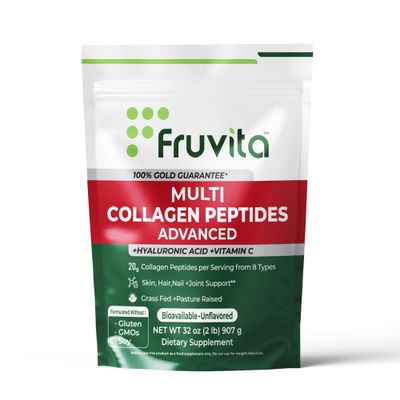 Fruvita Multi Collagen Peptides Powder Advanced, 2 Pounds - 8 Types of Collagen peptides with Hyaluronic Acid, Vitamin C - Unflavored - Non-GMO - Promotes Hair, Skin, Nail, Joint Bone Health